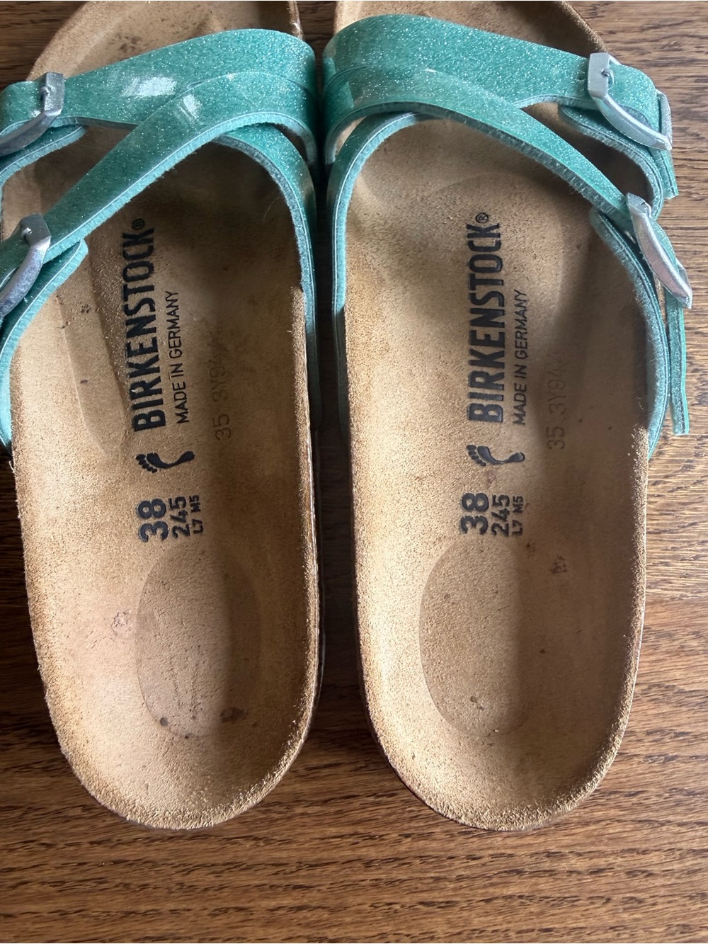 Birkenstock aqua blue/ green glitter cross -strap sandal - Picture 3 of 4